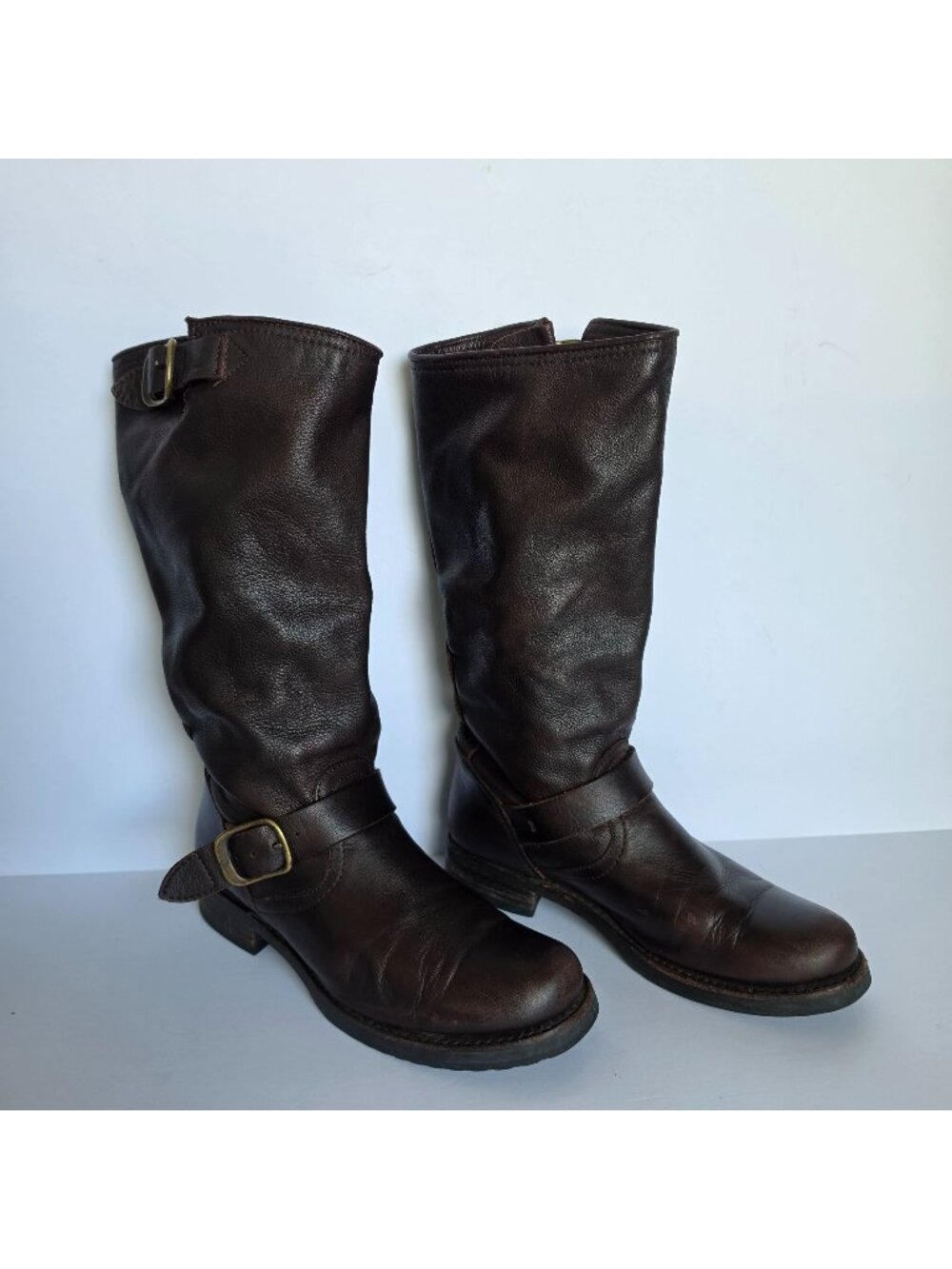 Frye Slouchy Brown Leather Western Engineer Moto Biker Boots Double Buckle 8.5